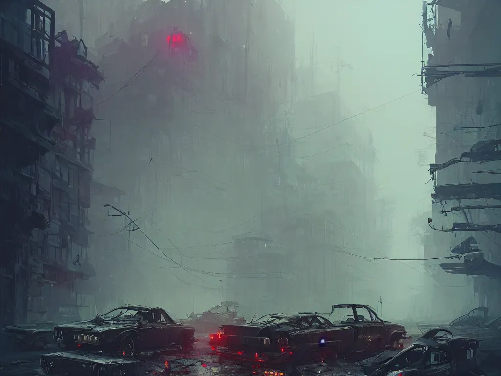 Prompt: post - apocalyptic cityscape overgrown by nature, old cars, destroyed, fog, by atey ghailan, ismail inceoglu, michal lisowski, artstation, volumetric light, high detail, perfect