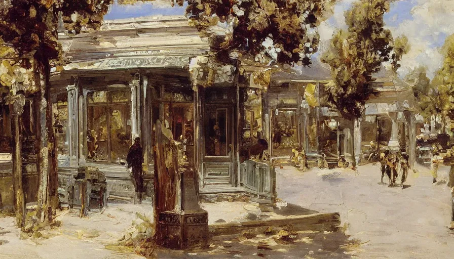 Prompt: artwork painting of the storefront front of a building by eugene von guerard, ivan shishkin, john singer sargent