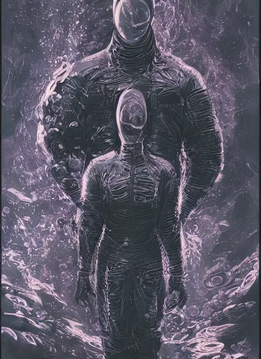 Image similar to astronauts in dark and empty void underwater - complex composition and hyperdetailed technical suit. reflection and dispersion materials. rays and dispersion of light. volumetric light. 5 0 mm, f / 3 2. noise film photo. flash photography. ultra realistic, wide angle. poster by wayne barlowe, hajime sorayama aaron horkey, craig mullins. polaroid.