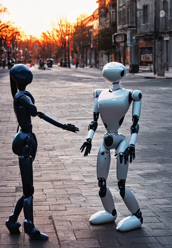 Image similar to a calming photograph of a slender, humanoid robot caresses a beautiful human woman in the face, large shot, wide shot, in a street, sunset photo