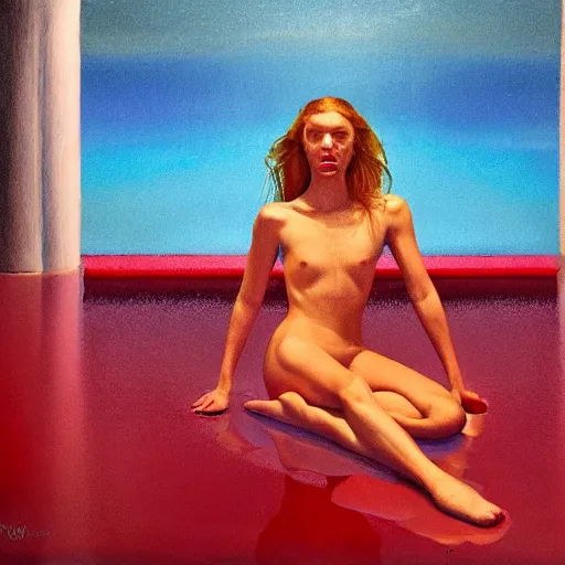 Prompt: British model ‘Josie Lane’ with beautiful face and full body laying in a blood red pool of water between a bright golden glowing mirror frame, outside is space and inside the mirror frame is a beautiful landscape. You can see her reflection in the red pool of water. Hyperrealistic surreal 4K IMAX Rene Margritte intricate, elegant, highly detailed, digital painting, artstation, concept art, smooth, sharp focus, illustration, art by artgerm, Francis bacon, HR Giger and greg rutkowski and alphonse mucha