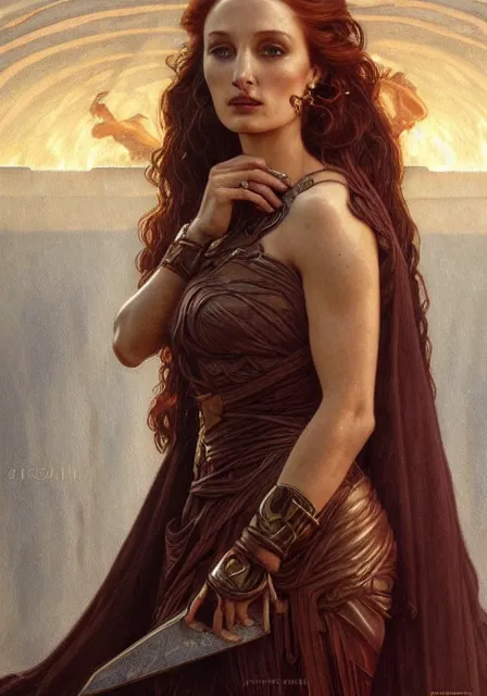 Image similar to sansa angeline jolie gessica chastain mummy fire goddess of war, intricate, elegant, highly detailed, digital painting, artstation, concept art, smooth, sharp focus, illustration, art by artgerm and greg rutkowski and alphonse mucha and william - adolphe bouguereau