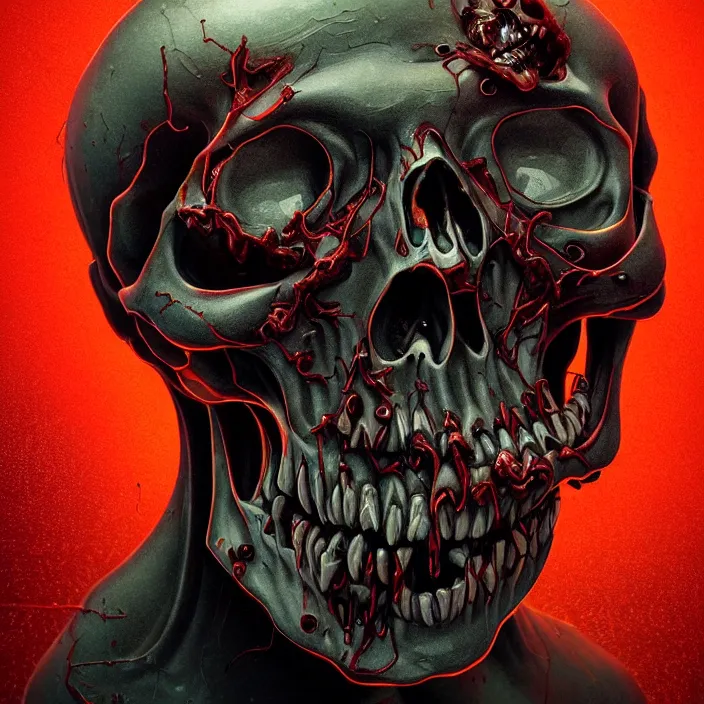 Image similar to portrait of a melting skull. razor sharp teeth. infected with zombie fungus. intricate abstract. intricate artwork. nightmare fuel. by Tooth Wu, wlop, beeple, dan mumford. octane render, trending on artstation, greg rutkowski very coherent symmetrical artwork. cinematic, hyper realism, high detail, octane render, 8k, iridescent accents