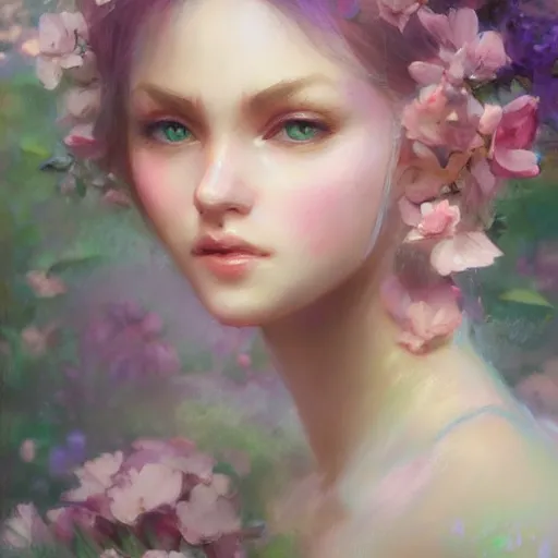 Image similar to beautiful woman, flowers, pastel colors, pearlescent, fantasy, featured on artstation, in the style of daniel gerhartz and krenz cushart, Alexis Franklin, Thomas River, WLOP, Artgerm