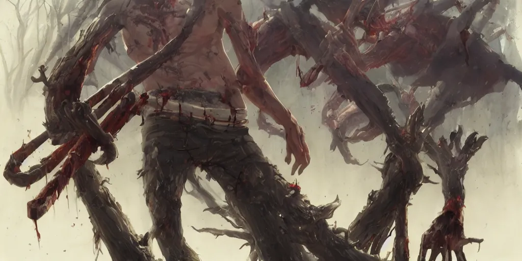 Image similar to evil dead, ash with his chainsaw arm, who fights against several undead, hyperrealistic, trending on pixiv fanbox, painted by greg rutkowski makoto shinkai takashi takeuchi studio ghibli, akihiko yoshida