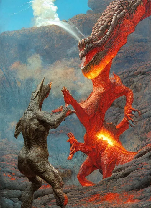 Image similar to dinosaur lava volcano, dynamic action, by lawrence alma - tadema and zdzislaw beksinski and norman rockwell and jack kirby and tom lovell and greg staples, artstation creature art