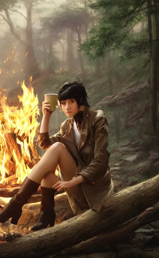 Image similar to a girl from final fantasy live action, with short black hair and green eyes in a tan trenchcoat sitting on a log and drinking tea by the campfire by her dieselpunk motorcycle at night, award winning, masterpiece digital painting by greg rutkowski, alex grey, artstation, 4 k wallpaper