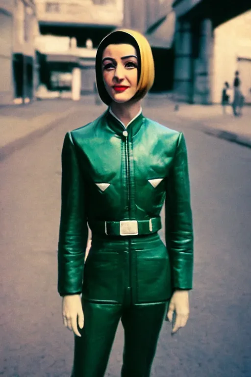 Prompt: ektachrome, 3 5 mm, highly detailed : incredibly realistic, perfect features, buzz cut, dazzling smile, beautiful three point perspective extreme closeup 3 / 4 portrait photo in style of chiaroscuro style 1 9 7 0 s frontiers in flight suit cosplay paris seinen manga street photography vogue fashion edition