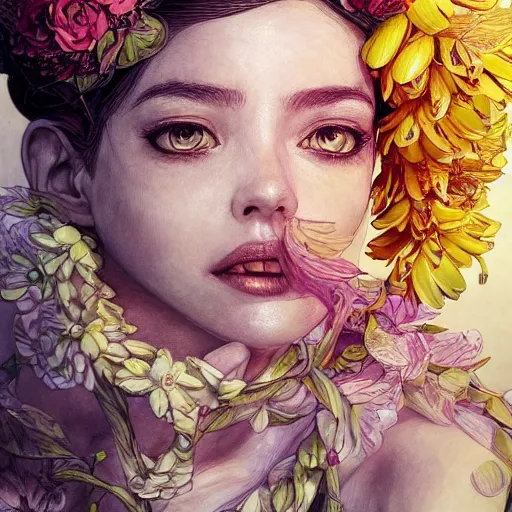 Image similar to the portrait of an absurdly beautiful, graceful, elegant young woman made of bananas and petals, an ultrafine detailed illustration by kim jung gi, irakli nadar, intricate linework, bright colors, octopath traveler, final fantasy, angular, unreal engine 5 highly rendered, global illumination, radiant light, detailed and intricate environment