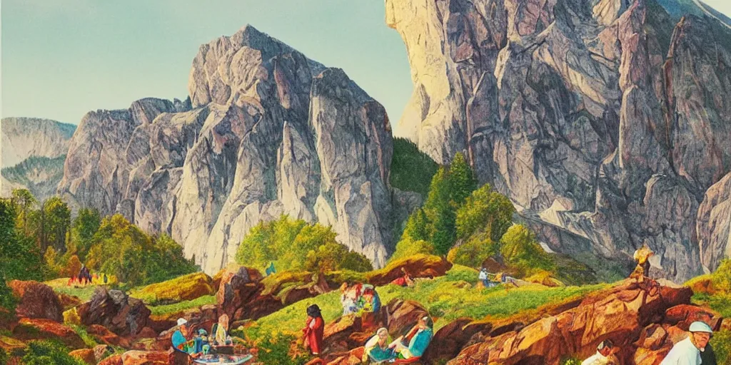 Image similar to background is beautiful idyllic poster illustration for a craggy ice valley national park by ludwig hohlwein, ludwig hohlwein, photoshopped on top is a close - up of grandma photorealistic eating crayons