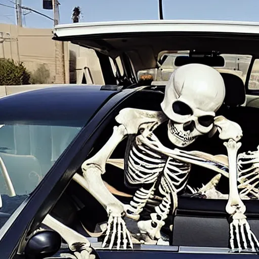 Image similar to Photo of skeletons doing a drive by in Los Angeles with uzis in a lowrider car