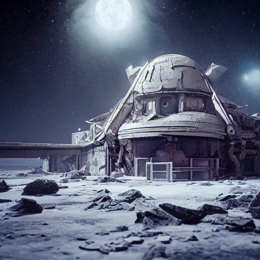 Prompt: an abandoned outpost in a snow storm on the moon europa, intricate artwork by tooth wu and wlop and beeple, octane render, hyper realism, 8 k