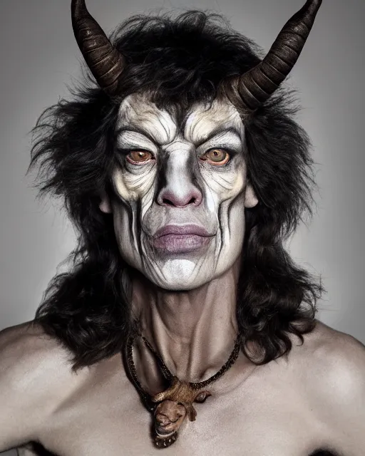 Image similar to actor Mick Jagger in Elaborate Pan Satyr Goat Man Makeup and prosthetics designed by Rick Baker, Hyperreal, Head Shots Photographed in the Style of Annie Leibovitz, Studio Lighting