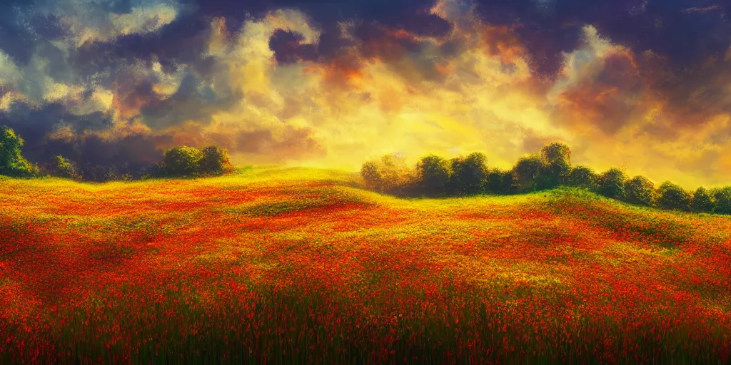 Image similar to abstract landscape, flowers field. golden hour. pastel colors. matte painting, 4k