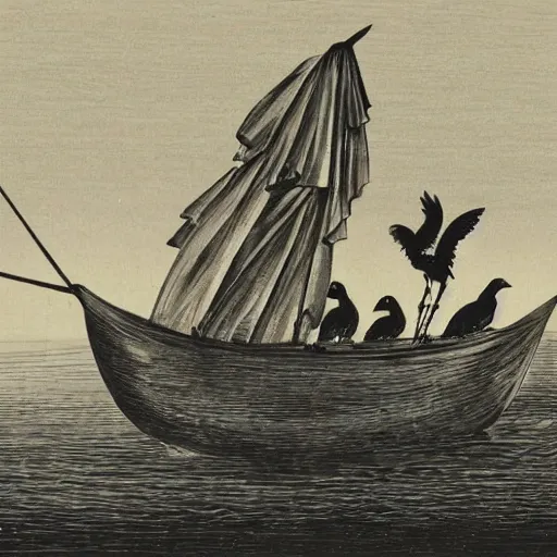 Image similar to a black bird standing at the helm of a wooden rowboat filled with people sailing towards a ancient sailboat