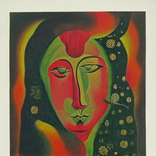 Image similar to floral face portrait by leonetto cappiello and wojciech siudmak and ernst fuchs, anni albers, oil on canvas