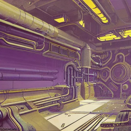 Image similar to painting of a syd mead scifi ancient civilzation interior engine room, purple sun, hr giger