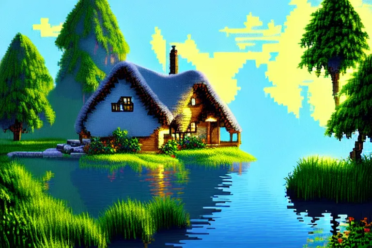 Prompt: view of a cottage above an azure lake, beautiful detailed pixelart by albertov, intricate details, smooth gradients, beautiful, volumetric lighting, cgsociety, artstation