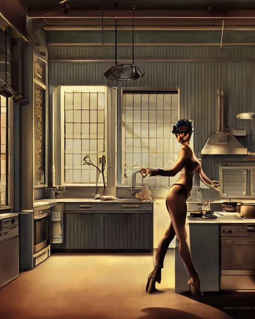 Image similar to kitchen of the 50's in the style of hajime sorayama, volumetric lighting, back lighting, rimlight, dramatic lighting, digital painting, highly detailed, artstation, sharp focus, illustration, Artgerm