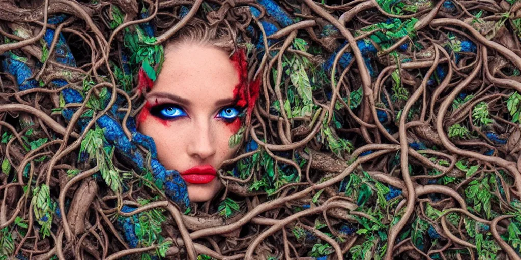 Image similar to queen of snakes, rotting crown of vines, red eyes + blue skin