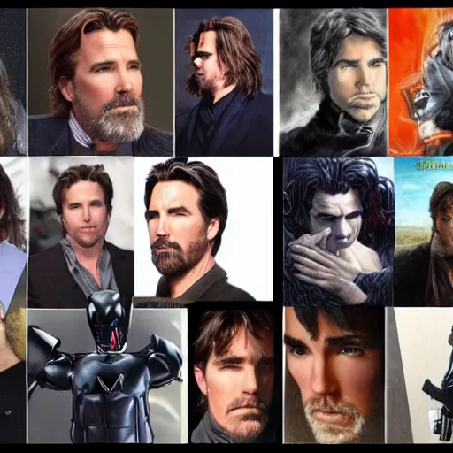 Image similar to Val Kilmer, George Clooney, Christian Bale, Ben Affleck, Robert Pattinson pre-raphaelite portrait, artgerm JSC, J. Scott Campbell