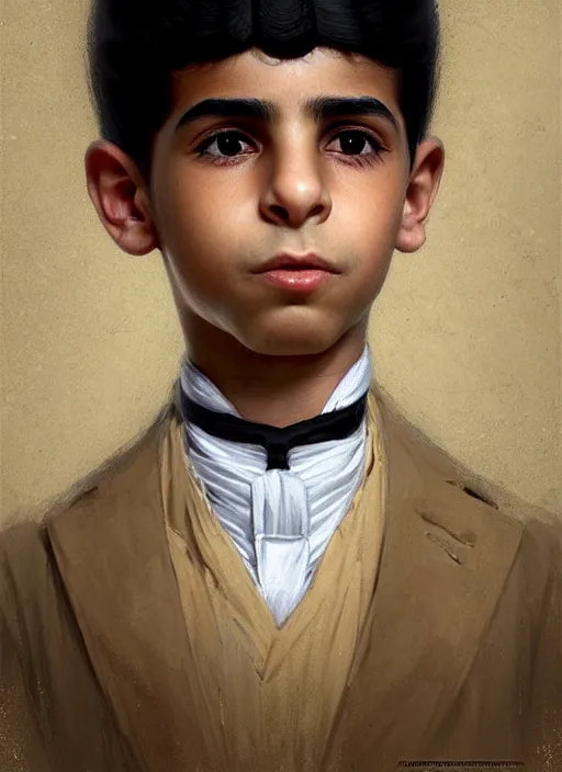 Image similar to a portrait of an egyptian boy with a crooked nose in victorian clothing, confident pose, intricate, elegant, sharp focus, illustration, highly detailed, concept art, matte, trending on artstation, anime, art by james jean and artgerm and brian despain and alberto mielgo, greg rutkowski, wlop, ilya kuvshinov, strong strokes