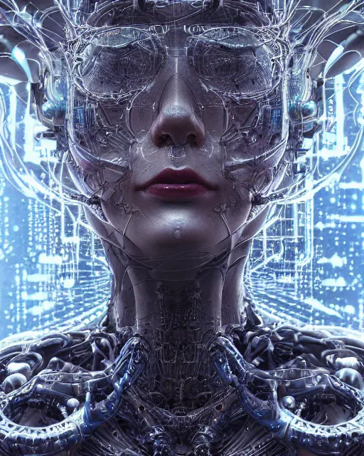 Image similar to timeless cybernetic deity with circuitry skin and networked mind tripping on acid, intricate detail, royo, whealan, giger, klimt, hd, octane render, unreal engine,