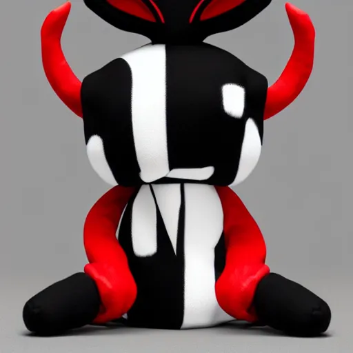 Image similar to cute fumo chibi plush imp, black and white with red hearts, mystery villain, midboss, soft shadow, vray, asymmetry