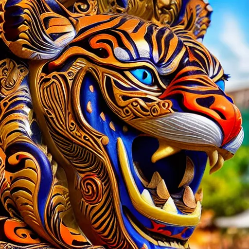 Image similar to breathtakingly cool beautiful complex stylised balinese carving ornate coloured sculpture tiger, extreme closeup, incredibly detailed, 8 k artstation