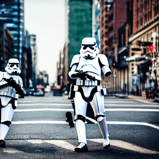 Prompt: a stormtrooper riding a Zebra down a city street, 4k photography