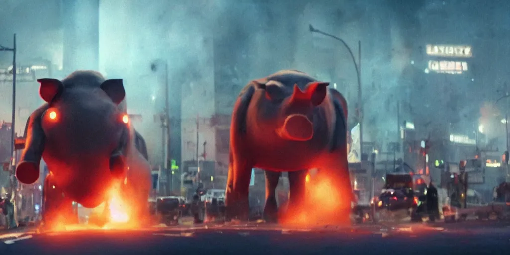 Image similar to movie still of a giant pig robot in the middle of a city on fire