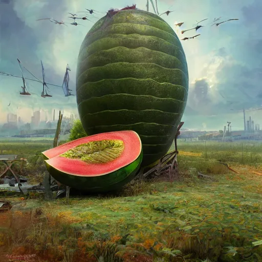 Image similar to Concept Digital Art Highly detailed Giant Watermelon war machine protecting Beautiful Ukrainian village by Taras Shevchenko and Stephen Hickman and Beeple. Very highly detailed 8K,Pentax 67, Kodak Portra 400, the golden ratio, photorealism rational painting