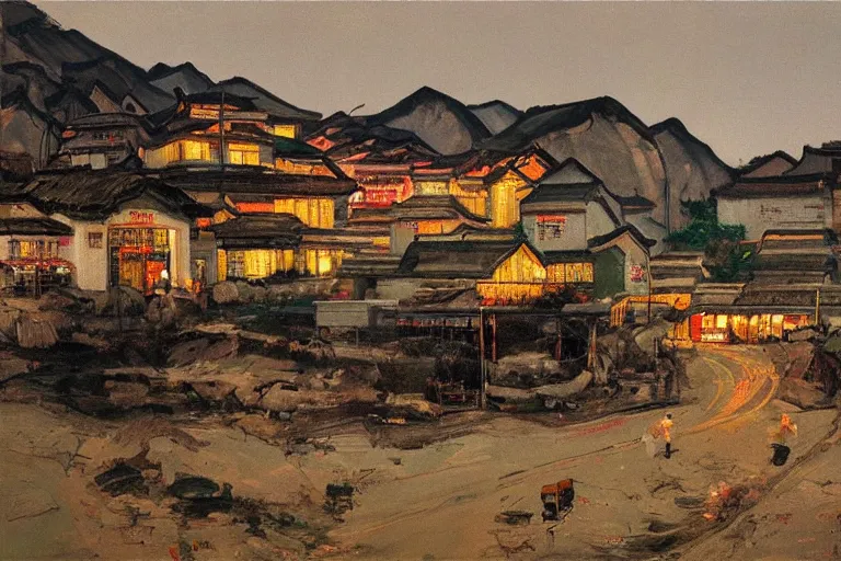 Prompt: landscape of rural village in china with neon lights by liu xiaodong and lucian freud, oil painting, stylized, clean, soft light