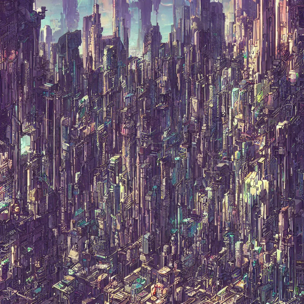 Prompt: a cyberpunk city, digital painting by moebius