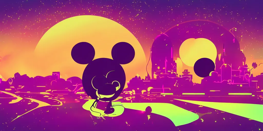 Image similar to vaporwave, vector graphics, somber mickey mouse silhouette, synthwave, neon