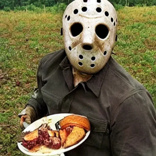 Image similar to jason voorhees having a picnic at chernobyl