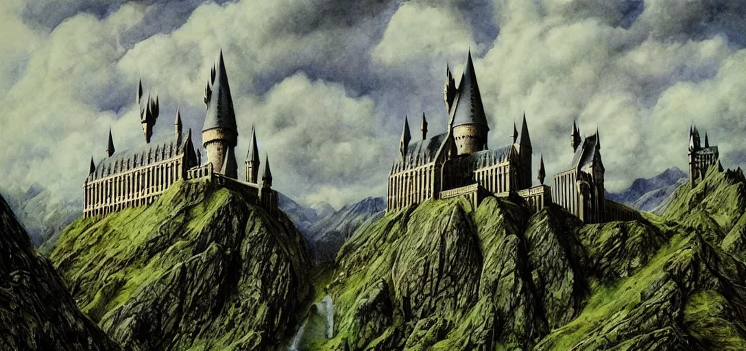 Prompt: Hogwarts landscape painted by Alan Lee