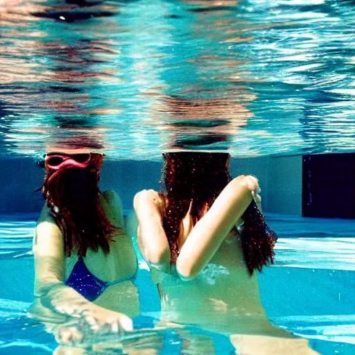 Image similar to two girls in the pool, film camera style, la piscine film aesthetics