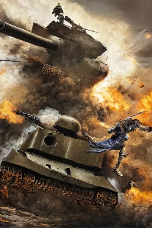 Image similar to a cyborg woman leaping onto a wwi tank and smashing it, on a battlefield, smoke, fires, explosions, in the style of noriyoshi ohrai, close - up, low angle, wide angle, cinematic, hyper - realistic, highly detailed digital art