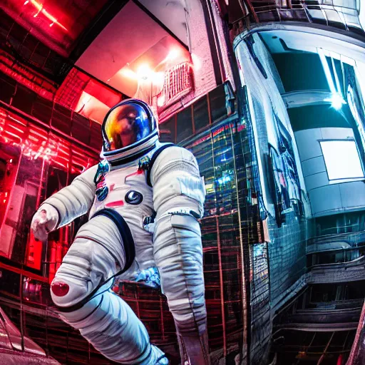 Image similar to color photo of fit man going in spacesuit in cyberpunk city in red and white light from ground level fisheye, cyberpunk, hyper detailed, old camera - H 1280 - 720