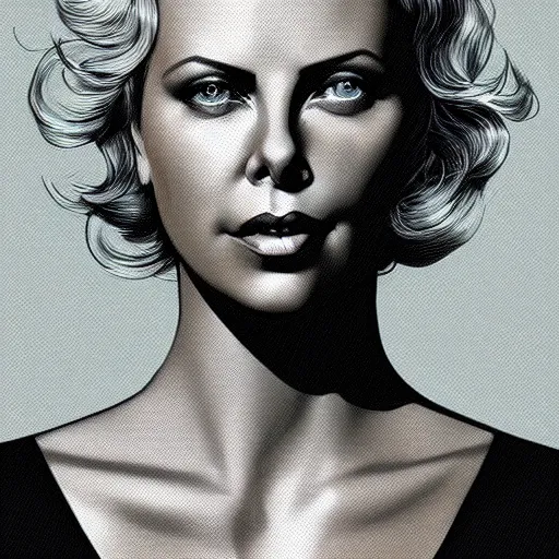 Image similar to “ charlize theron retro minimalist portrait, moebius, by jean giraud, 8 k ”