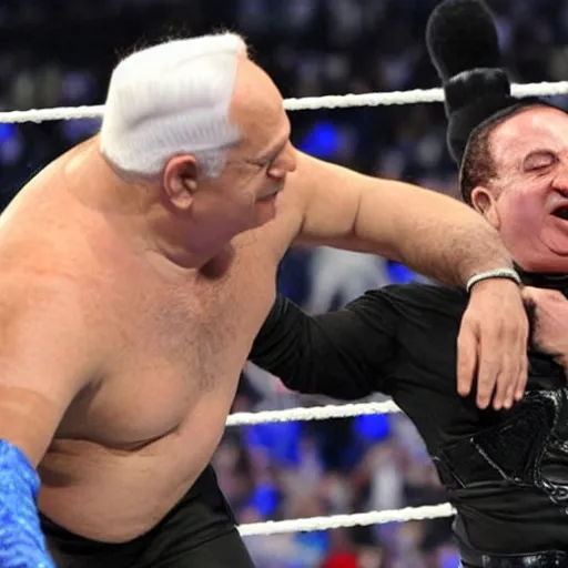 Prompt: benjamin netanyahu in a wwe arena wrestling the undertaker, highly detailed, sharp focus