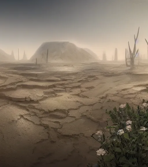 Prompt: a matte painting of a white biroremediation architecture in the mining tailings in the desert, prairie, cottage town, foggy, patchy flowers, oil painting, pale colors, high detail, 8 k, wide angle, trending on artstation, behance