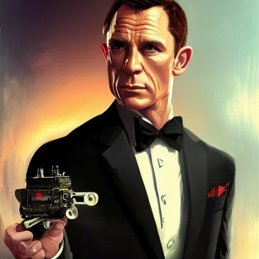 Image similar to lindsay pelas as james bond wearing a tuxedo, portrait, highly detailed, digital painting, artstation, concept art, sharp focus, illustration, art by artgerm and greg rutkowski and alphonse mucha