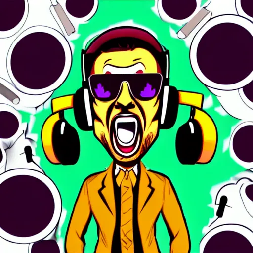 Image similar to svg vector sticker of absolutely insane-mad-scientist-villain, rocking out, wearing headphones, huge speakers, dancing, rave, DJ, spinning records, digital art, amazing composition, rule-of-thirds, award-winning, trending on artstation, featured on deviantart