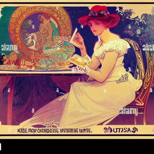 Image similar to a vintage poster with border of a Caucasian fortune teller lady with curly hair, a spread of tarot cards on a table, cats on her side, in a colorful tent, Alphonse Mucha poster ,