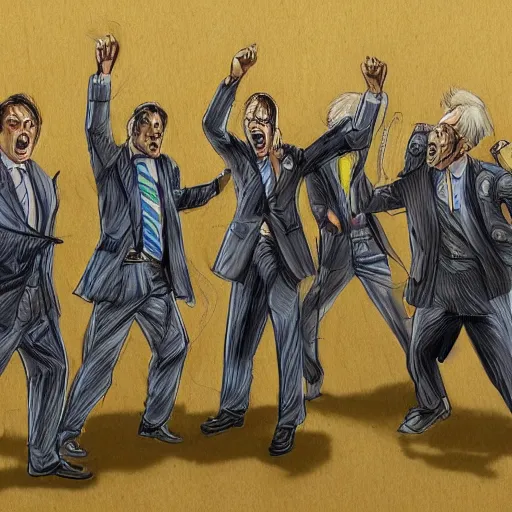 Image similar to highly detailed realistic sketch of UN members in suits yelling at a cyborg samurai, fear and anger in their eyes, colored , award winning , masterpiece on a scroll , post-processing