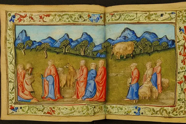 Image similar to medieval illuminated manuscript bible page depicting a tranquil pastoral landscape with sheep