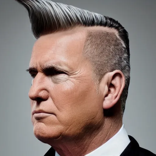 Prompt: press photo of donald trump, with a trendy hip hairstyle shaved side burns fauxhawk gelled, soft studio lighting - w 7 0 4