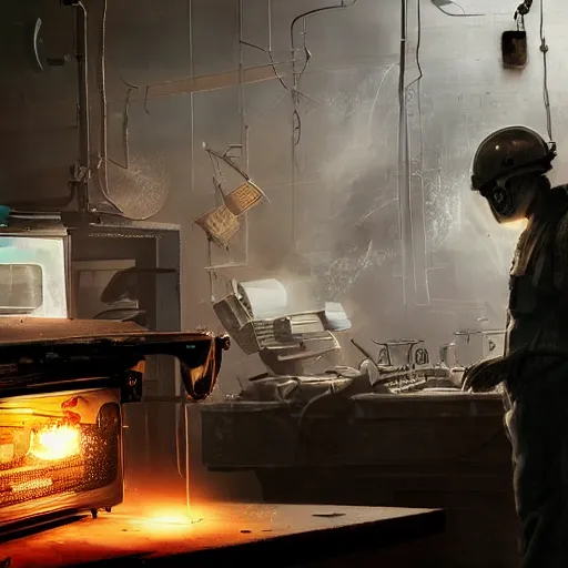 Image similar to cyborg toaster oven repairman, dark messy smoke - filled cluttered workshop, dark, dramatic lighting, orange tint, sparks, plasma rays, cinematic, highly detailed, sci - fi, futuristic, movie still, rule of thirds composition